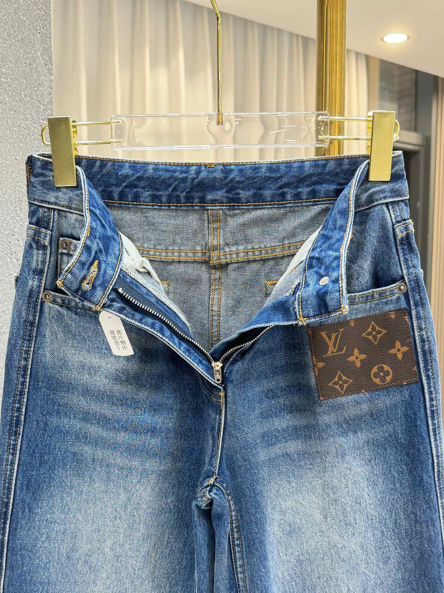 Straight Leg Denim Jeans With Leather Patch