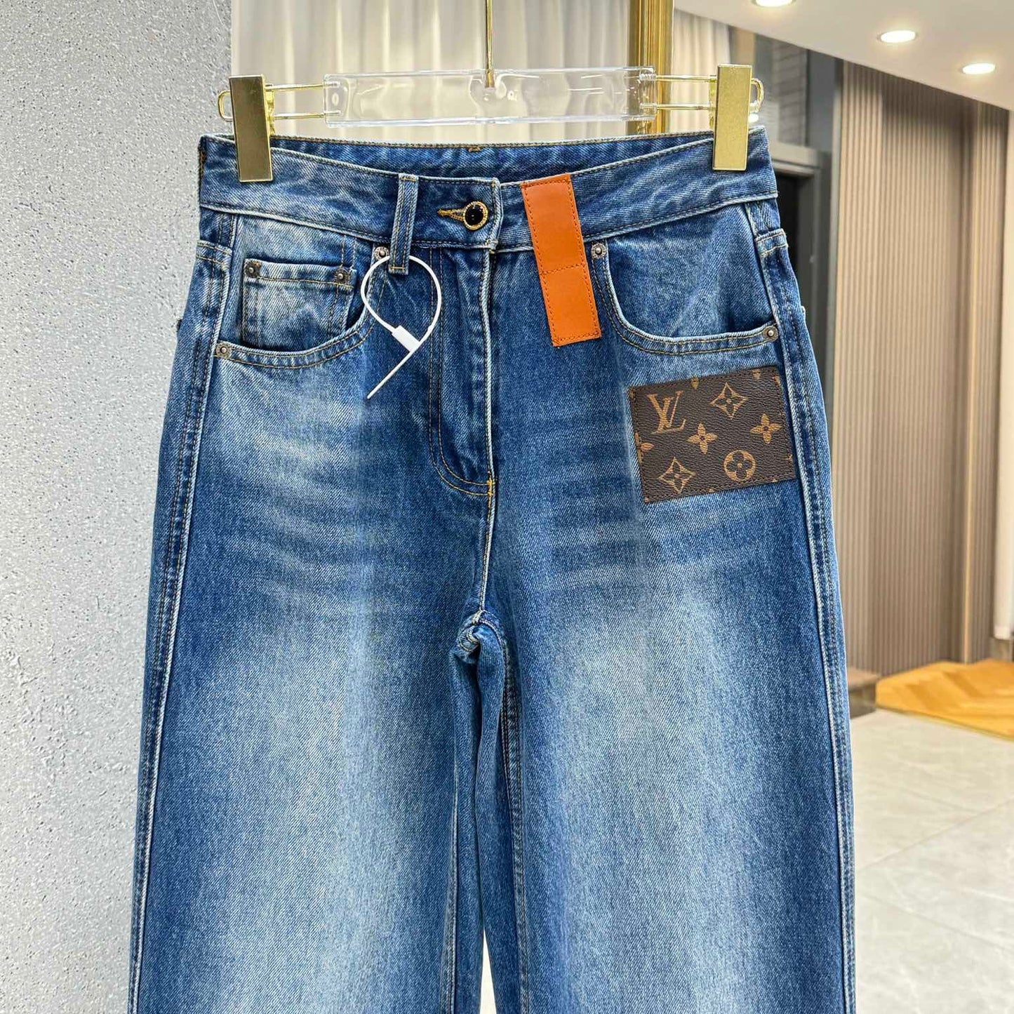 Straight Leg Denim Jeans With Leather Patch