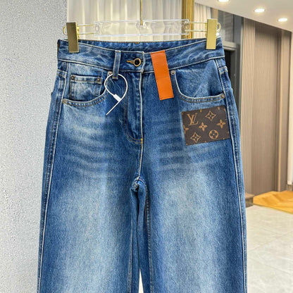 Straight Leg Denim Jeans With Leather Patch