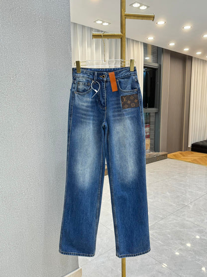 Straight Leg Denim Jeans With Leather Patch