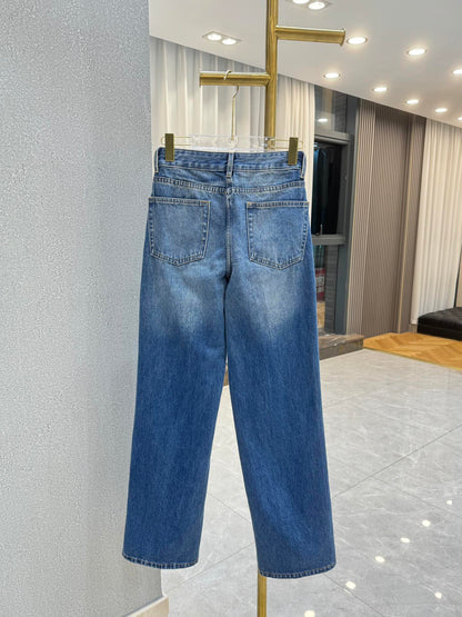 Straight Leg Denim Jeans With Leather Patch