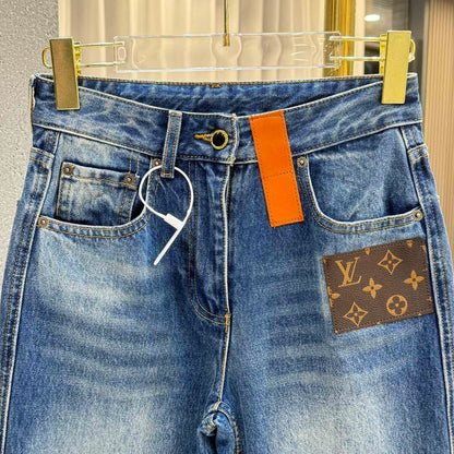 Straight Leg Denim Jeans With Leather Patch