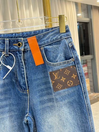 Straight Leg Denim Jeans With Leather Patch